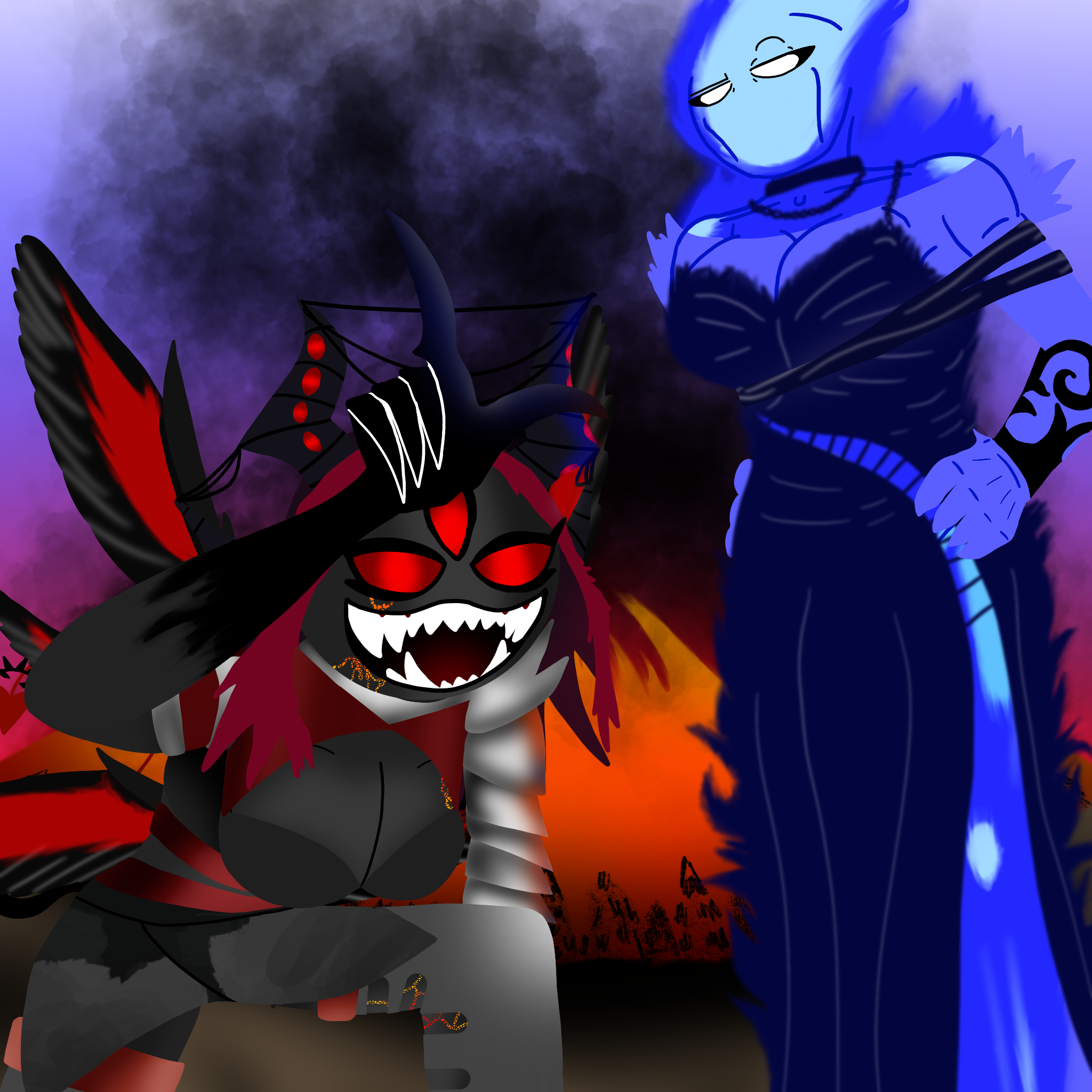A Demon and a fire woman stand in front of a forest fire