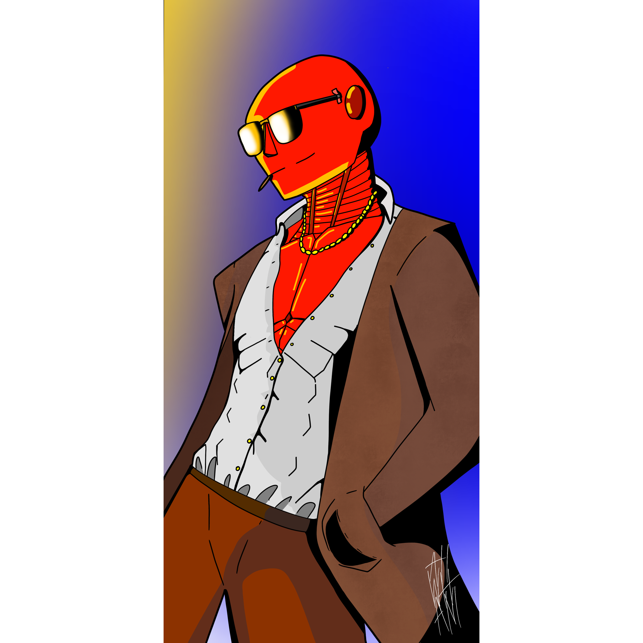 Cyborg named Crimson with sunglasses and fancy clothes.