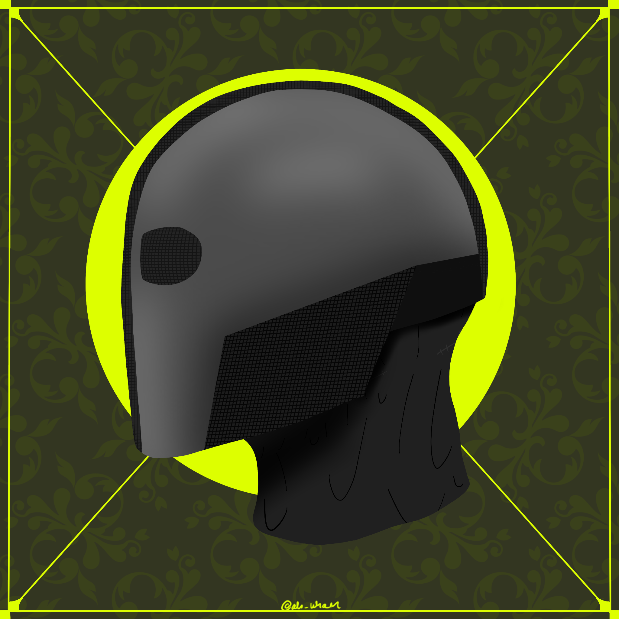 Side profile of a Detective named Mortis, he's wearing a unique helment.